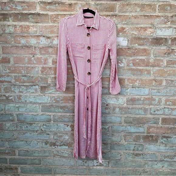 Zara Shirt Dress Red White Striped Linen Blend Midi Button Front Shirtdress - Picture 5 of 14